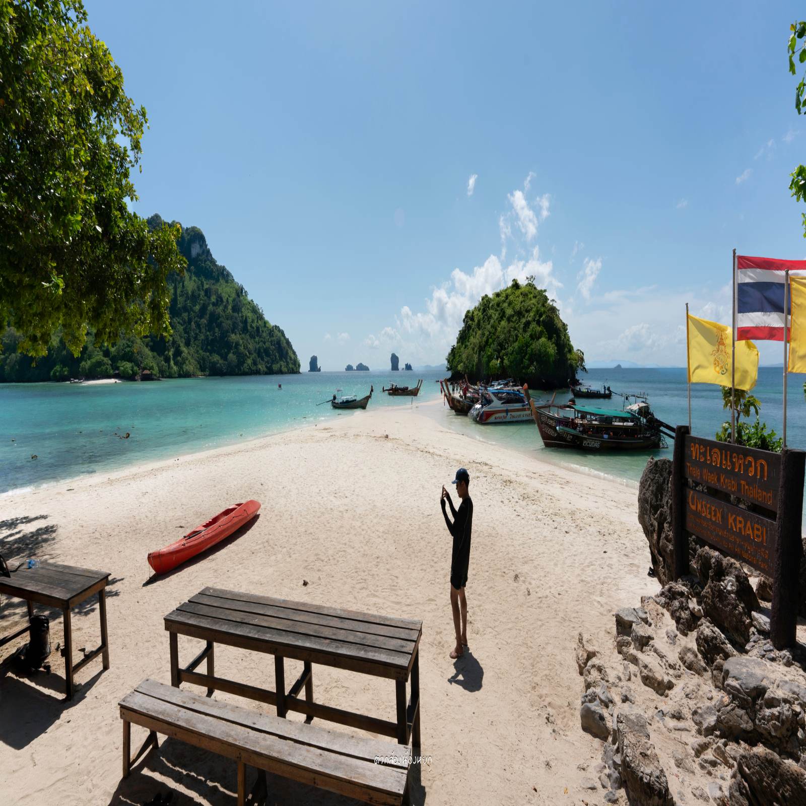ชายหาดทรายขาวและน้ำทะเลใสมีต้นไม้เงาเหนือศีรษะ